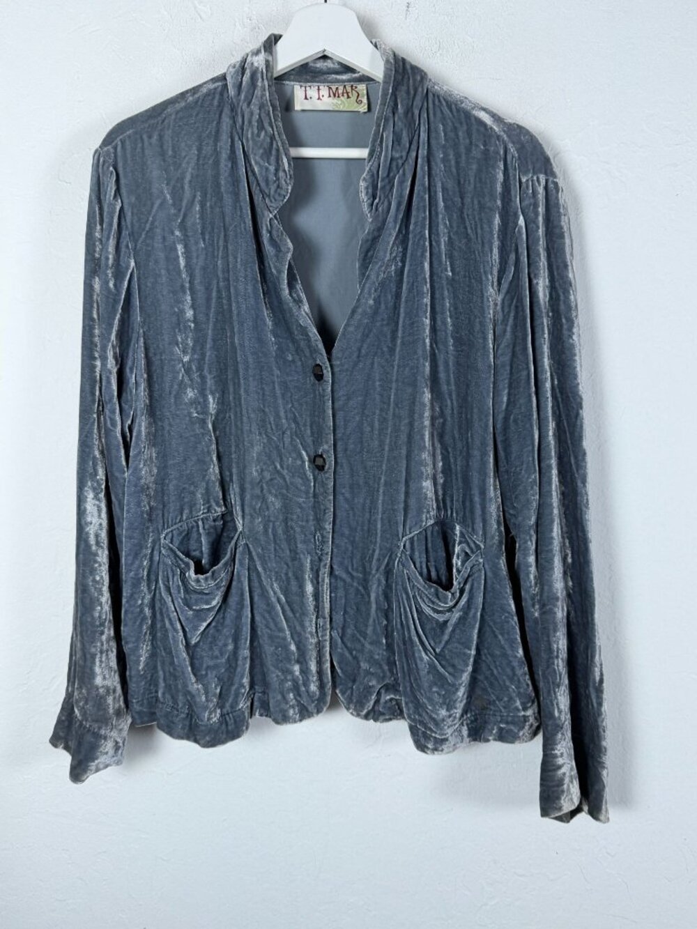 T.T. Mar Womens Gray Silk Blend Velvet Jacket Blazer Button Front Pockets Casual